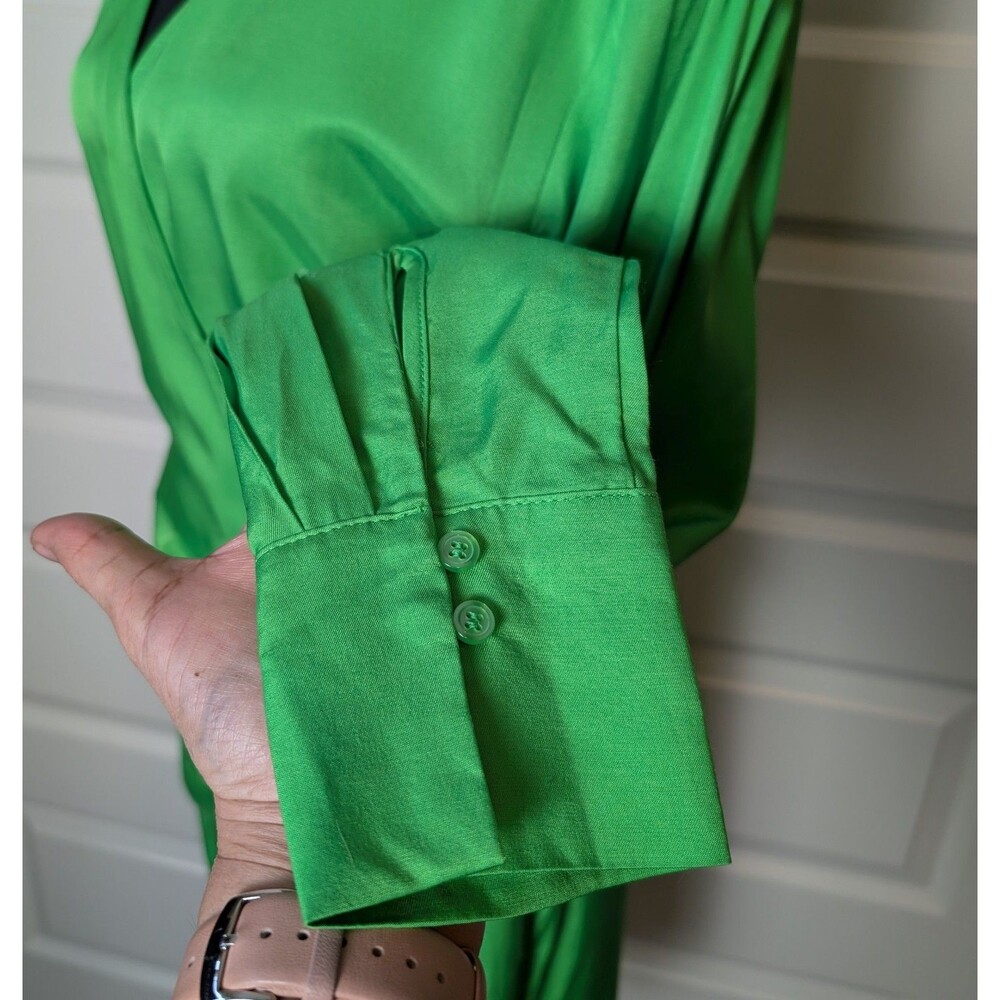 NWT H&M Size XS Wrap Dress Long Sleeve Kelly Green Viscose Satin Cocktail Chic - Picture 6 of 12